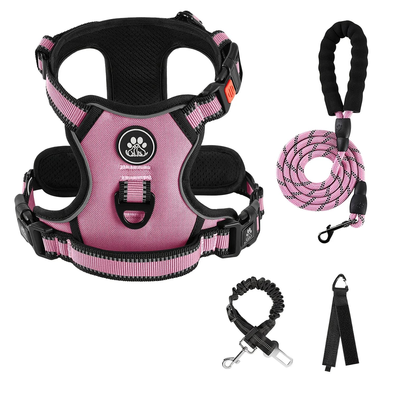 No Pull Dog Harness, Dog Collar, 1 Professional Dog Leash & 1 Retractable Seatbelt & 1 Storage Strap Fully Reflective Adjustable Breathable Dog Harness with Handle, Collar De Perro, No Choke Pet Vest Harness for Small And Large Dogs, Without Battery