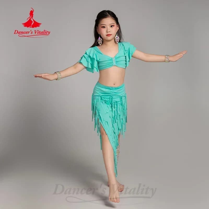 Abito da danza del ventre per ragazze Temperamento Elegante tuta da pratica con nappe Abbigliamento da allenamento professionale per danza orientale per bambini