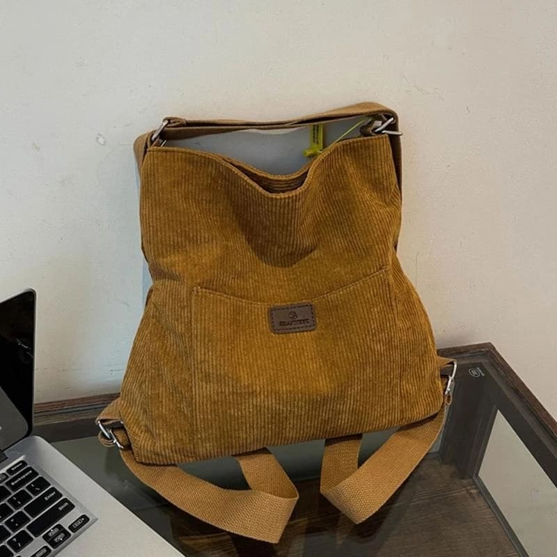 Fashion Corduroy School Bag For Women With Convertible Shoulder Strap And Practical Backpack Crossbody Purse Satchel