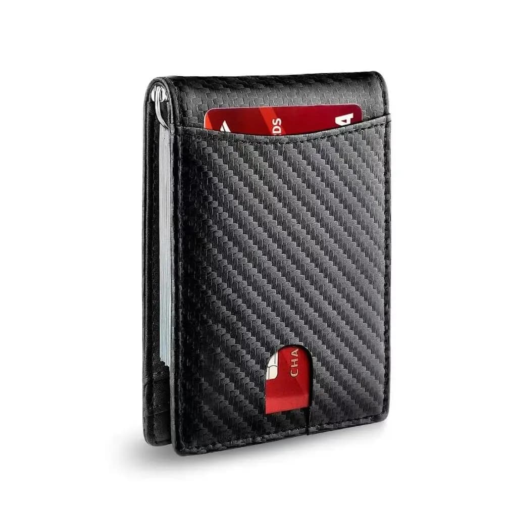 Portafoglio sottile Leatherboss in fibra di carbonio con blocco RFID per uomo – Bifold minimalista con fermasoldi, 6 scomparti per carte, finestra porta documenti (Carb