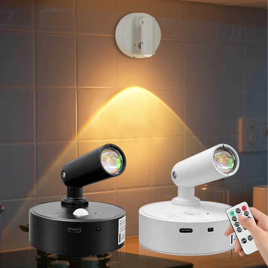 Luce Notturna LED con Sensore di Movimento, Telecomando, Faretto Regolabile, Lampada da Parete Ricaricabile per Camera da Letto, Armadio, Cucina