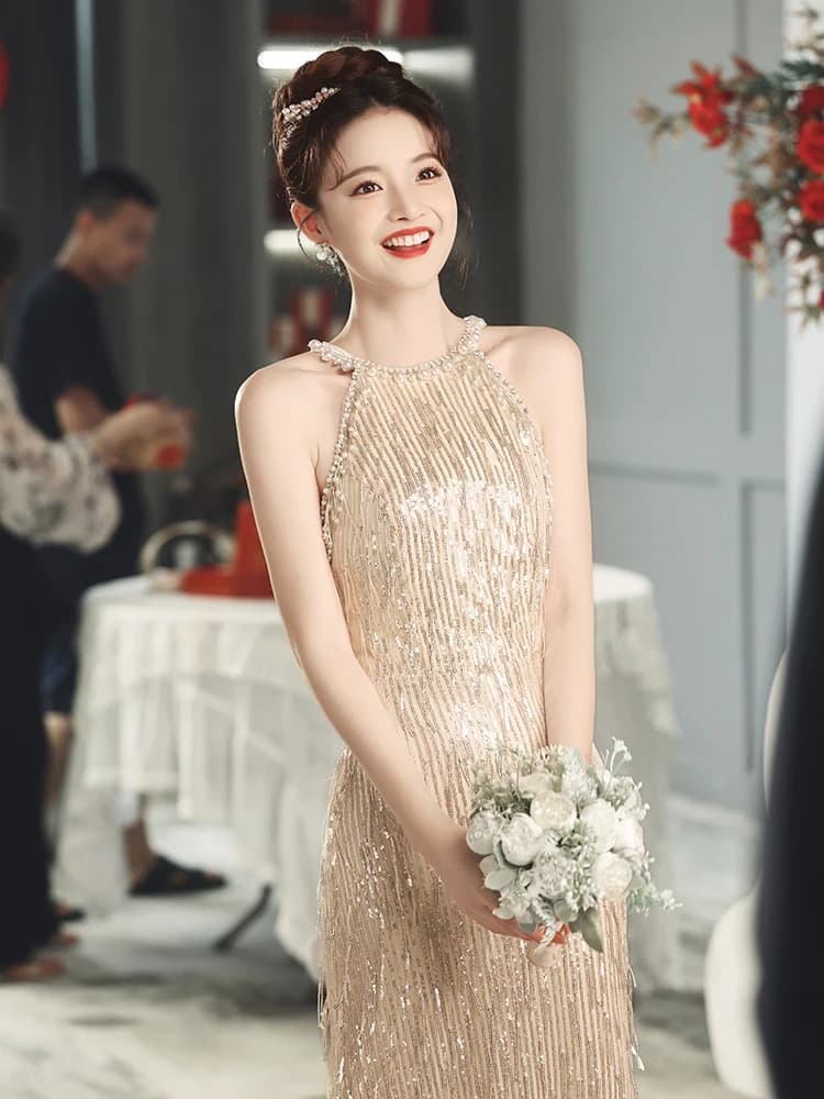 Champagne Color Evening Gown Women's Small Ball Gown Luxury Sensation Fish Tail High Neck Long Dress for Wedding Party