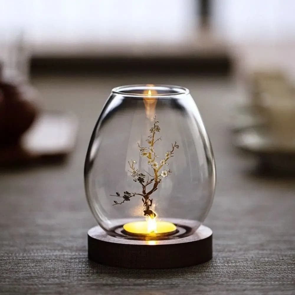 Glass Candlesticks with Cup Cover Transparent Round Candle Holders with Wood Base Home Decor Table Decoration Ornaments