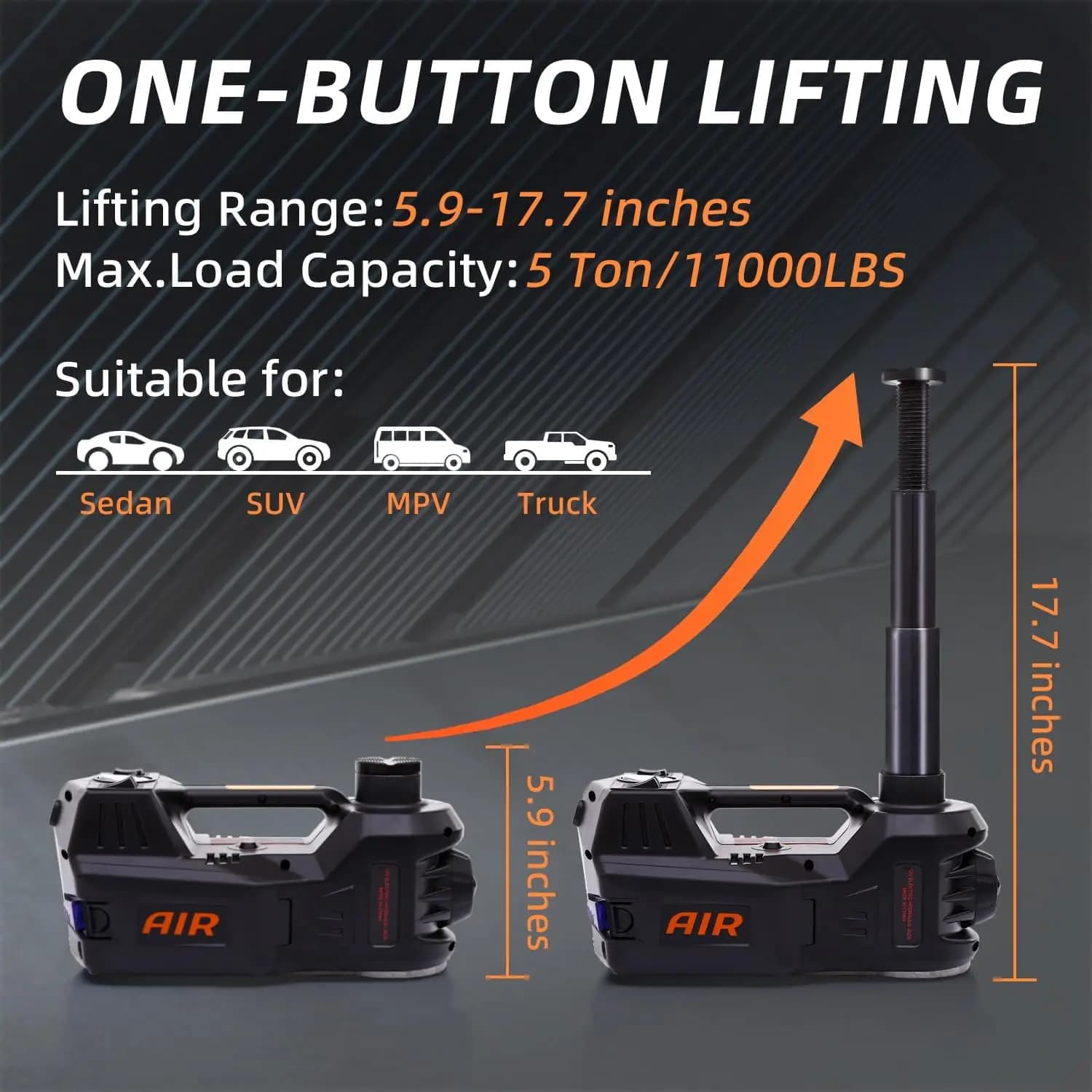 Kit cric per auto elettrica Cric idraulico da pavimento da 5 tonnellate 12V con avvitatore a percussione e martinetto di sollevamento per pompa di gonfiaggio pneumatici con luce a LED