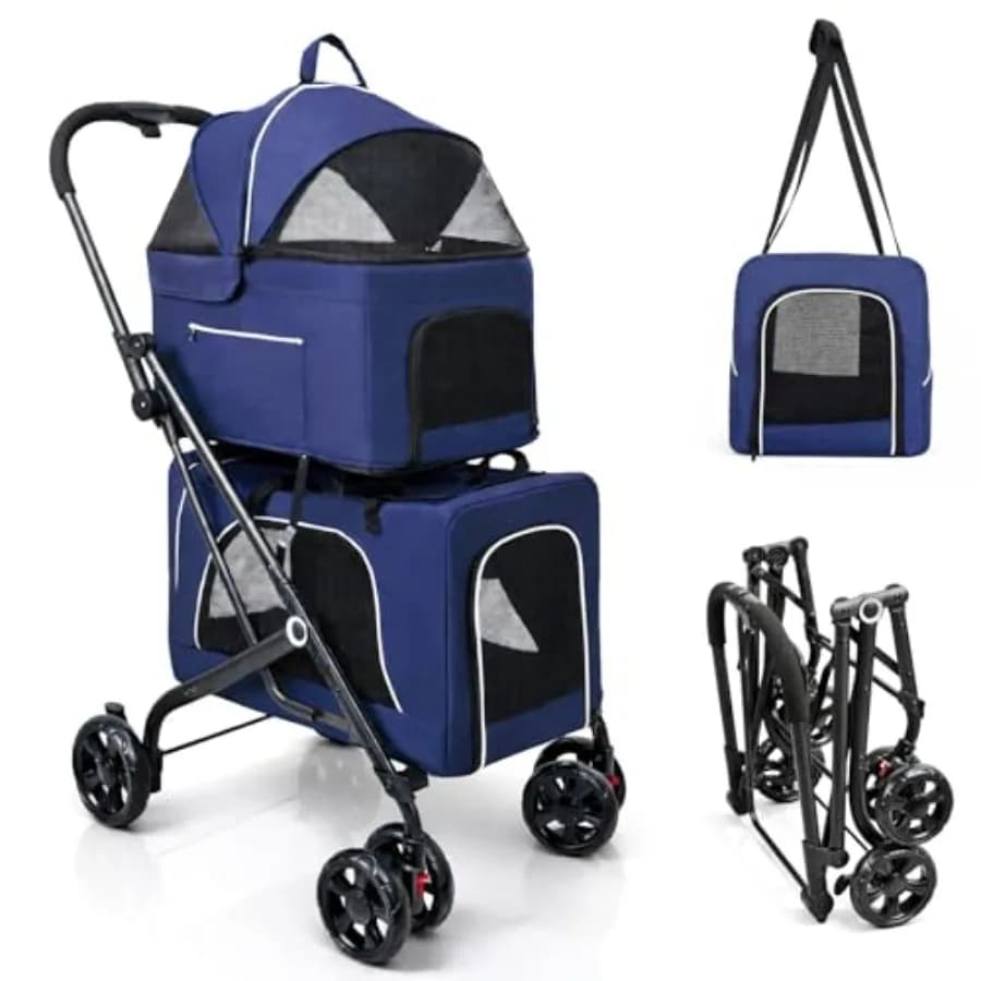 Passeggino Doppio per 2 Gatti/Cani, Trasportini Staccabili, Passeggino da Viaggio Senza Cerniera, Nero, Telaio Leggero in Alluminio