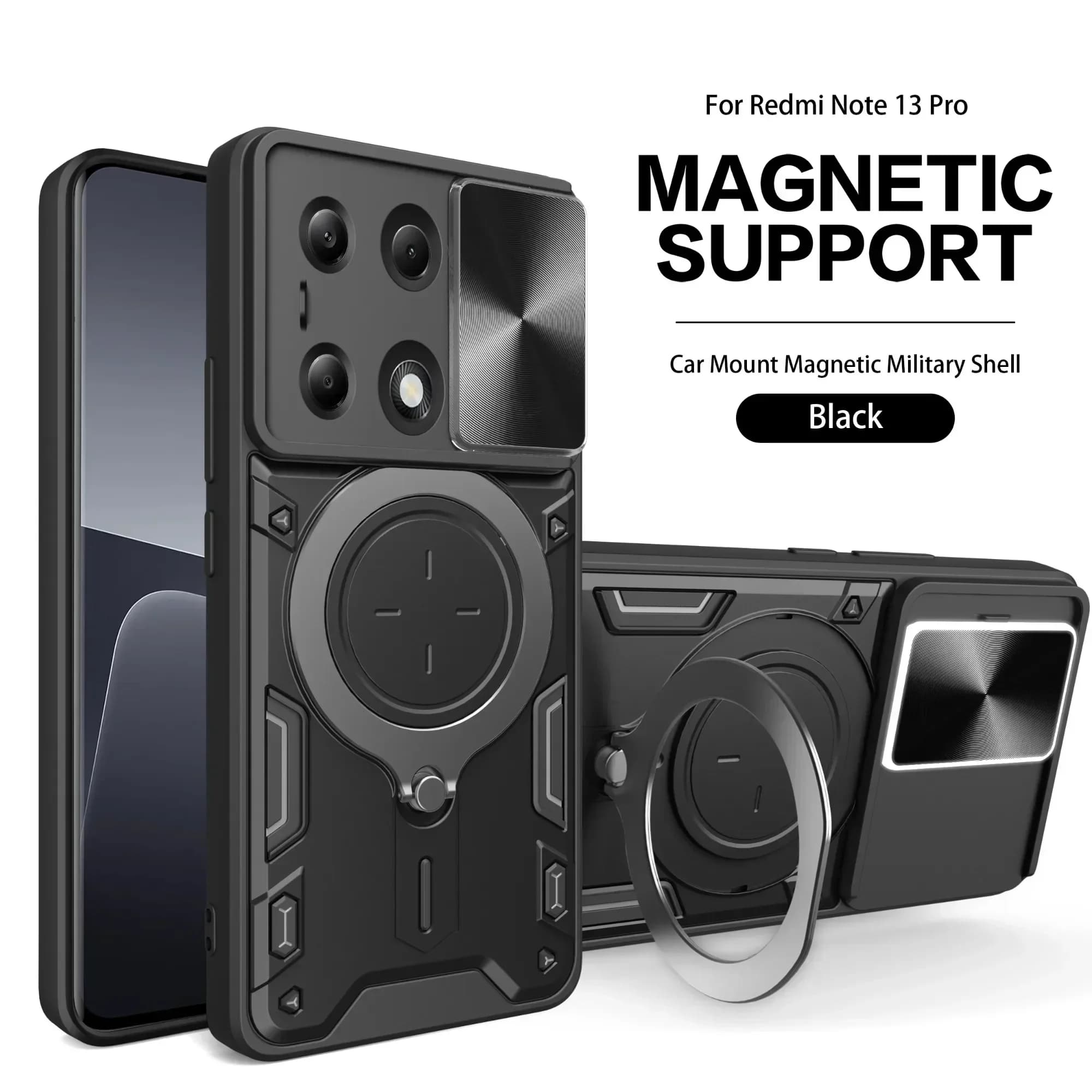 Shockproof Magnetic Silicone Phone Case for RedmiNote14 4G 163 164 14ProPlus Slide Camera Lens Ring Stand Protection Cover Cases