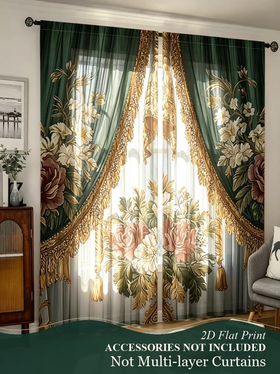 2PCS Dark Green Gold Floral Print Curtains, 2D Flat Printed European Luxury Damask Valance Pattern Window Drapes for Home Decor