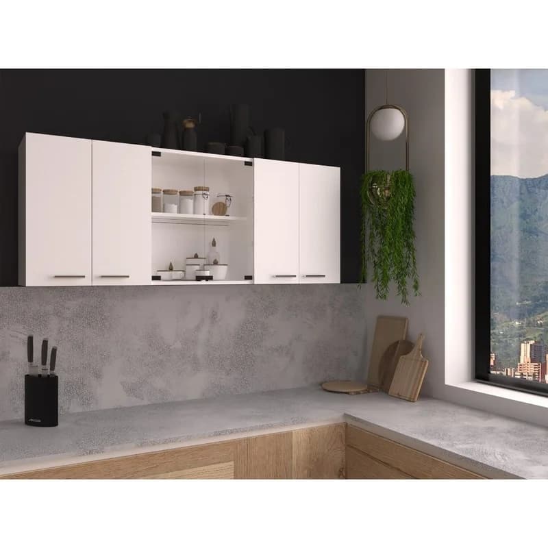 White Wall Cabinet 24" H, 4 Doors, 2 Shelves, Glass Organizer, Storage Shelves with Glass Doors