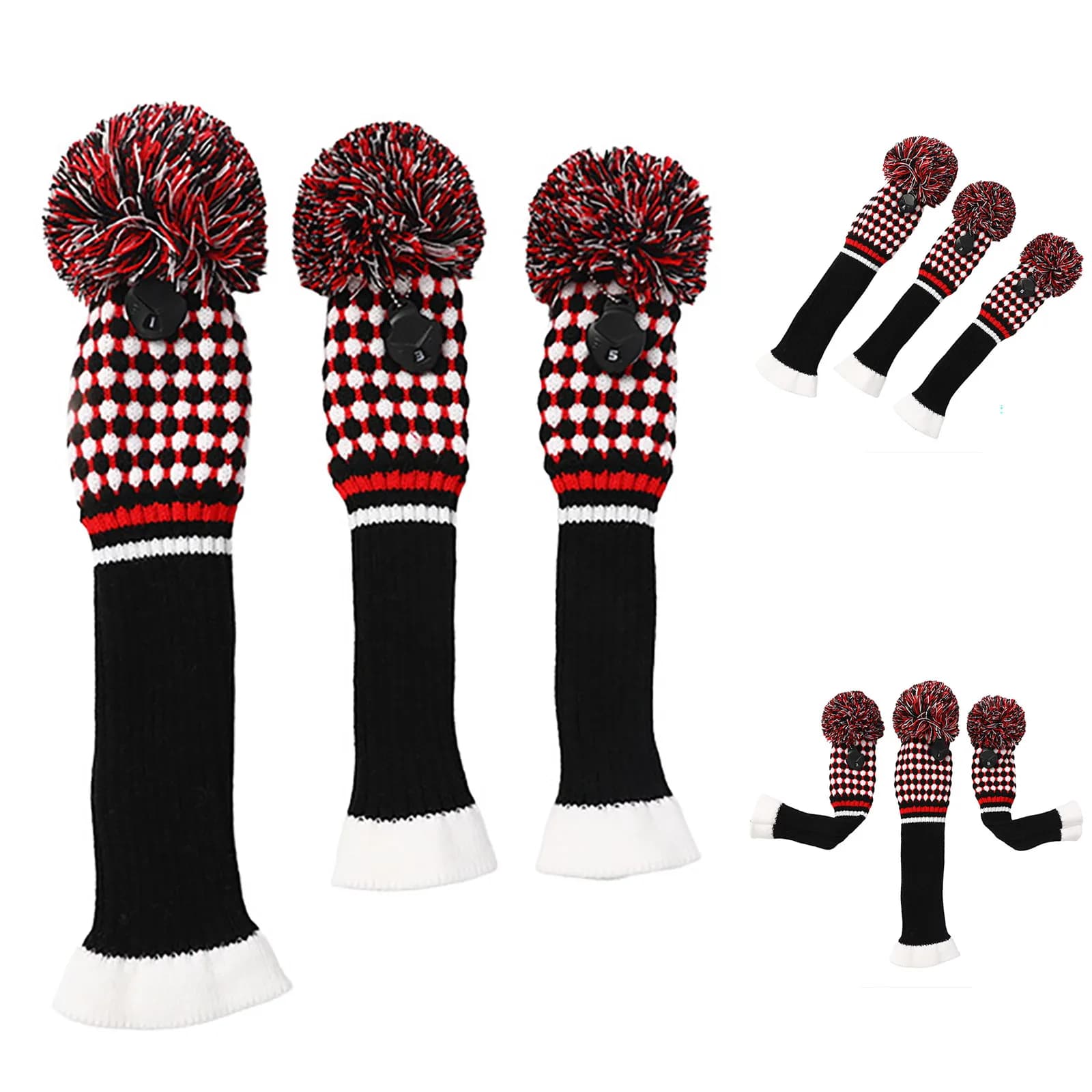 Set da 3 copritesta per mazze da golf in maglia a pois, stile lungo a blocchi di colore, per driver 1, 3, 5 e fairway woods, protezione