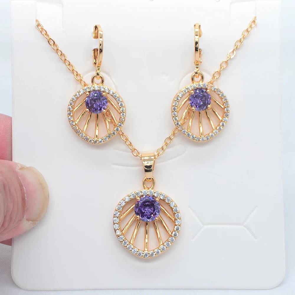 Fashion Gold Color Women Purple Cubic Zirconia Sea Shell Design Jewelry Set