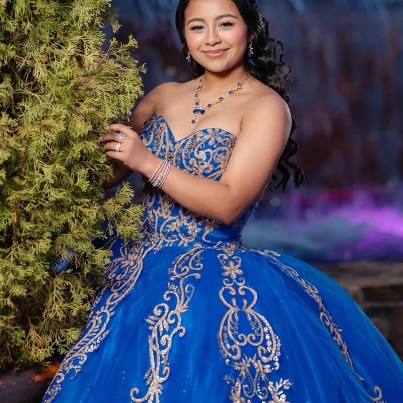 Royal Blue Quinceanera Dres Golden Glitter Crystal Decal Long Tail off-shoulder Layering Vestidos De 15 Quinceanera Customize