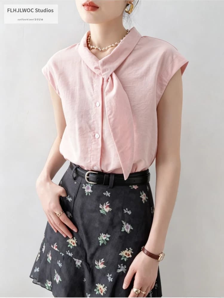 FLHJLWOC Camicette con Fiocco Rosa Nuova Moda Donna Estate 2026 Maniche Corte Carine Dolci Ragazze Camicie Tinta Unita con Bottoni