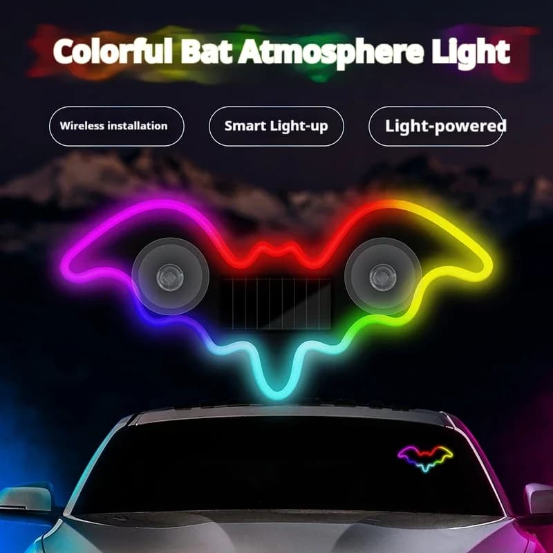 Solar Powered Cute Bat Shaped LED Ambient Light Wireless Car Neon Light USB Rechargeable Suction Cup Atmosphere Breathing Lamp