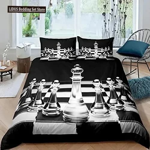 Set copripiumino per scacchi internazionale Set copripiumino a scacchiera con reticolo bianco nero Gioco da competizione per ragazzi Set biancheria da letto per adolescenti