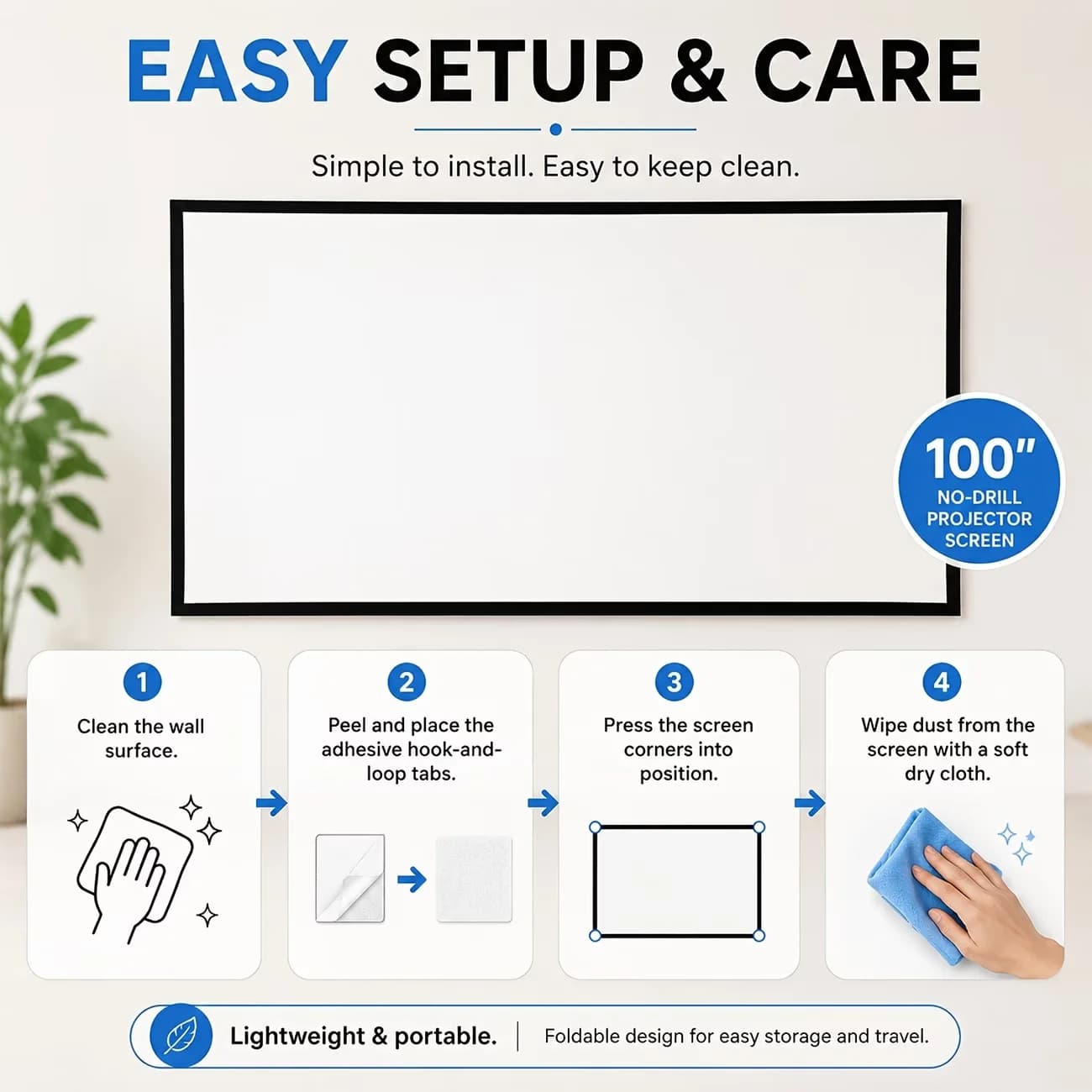 100 Inch 16:9 Foldable No-Drill Projector Screen,Easy Install Hook & Loop Wall Mount Movie Screen for Home Theater Bedroom Off