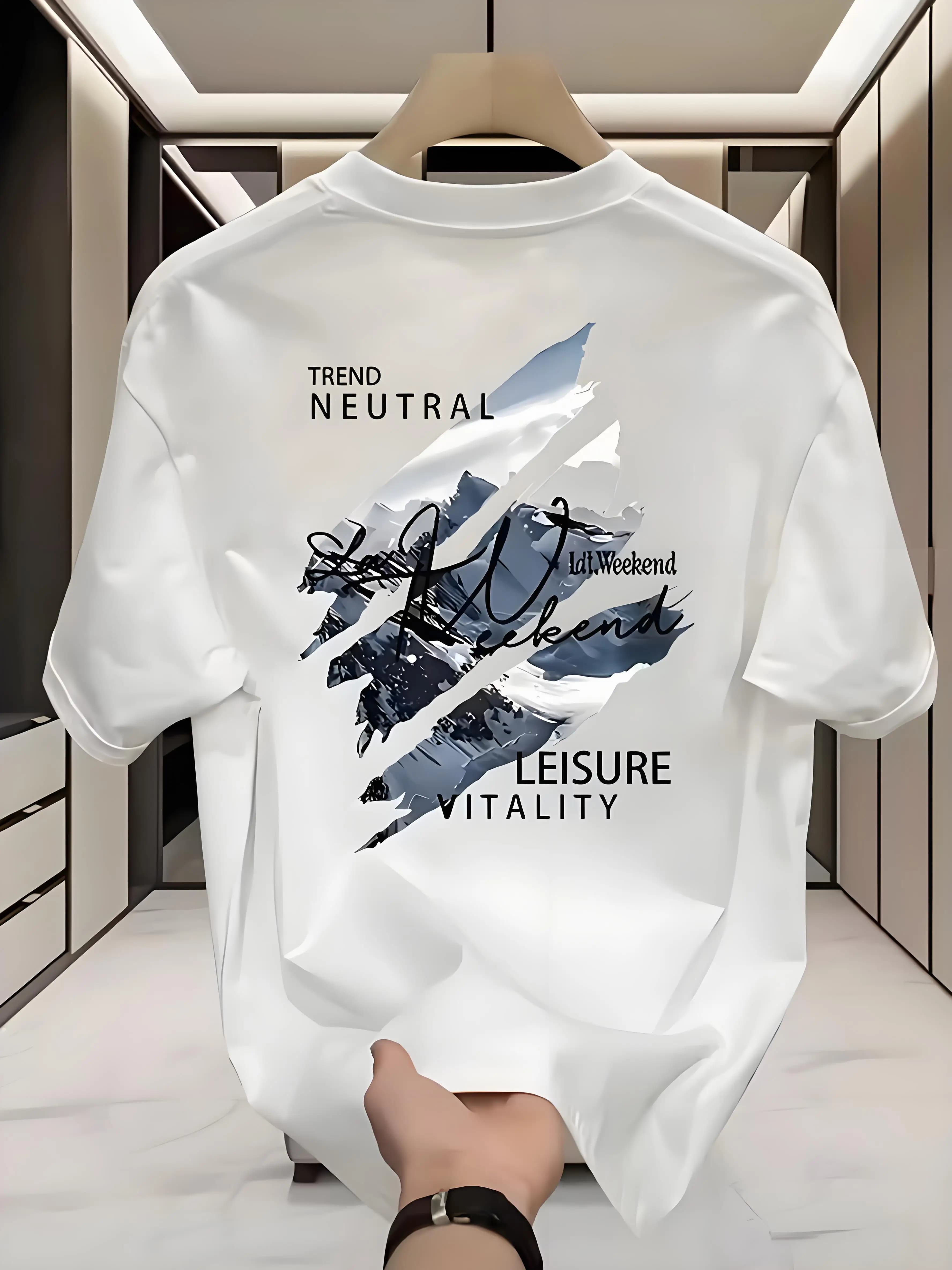 Men’s 100% Cotton Oversized Short Sleeve T-Shirt, Double Sided Abstract Brush Scratch Letter Graphic Loose Fit Street Casual Tee