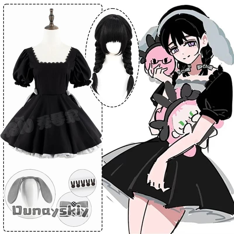 Anime Alien Stage SuA 3rd Anniversary Rabbit Cafe Collaboration Cosplay Costume{Dunayskiy States}Black Puff Sleeve Short Dress