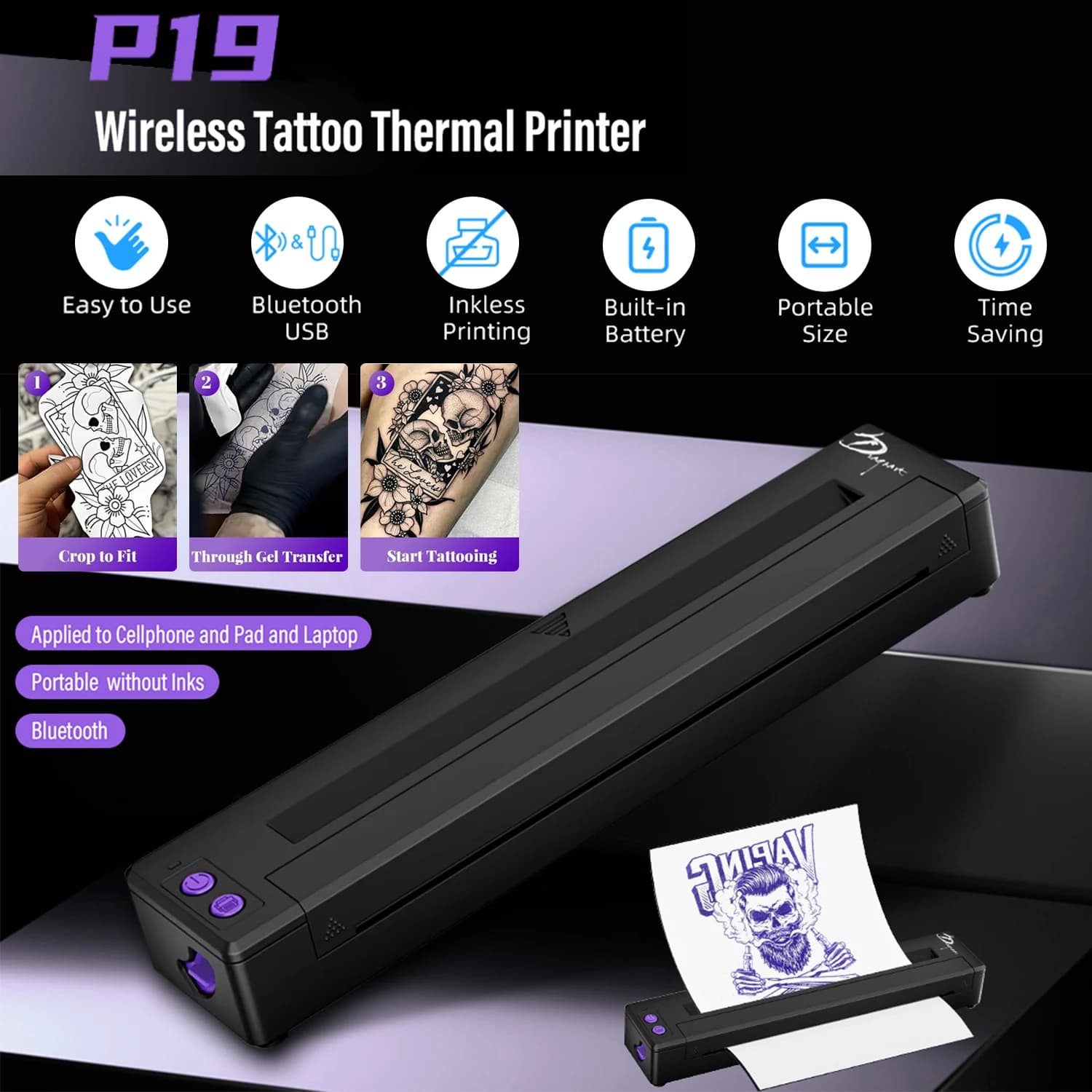 P19 Wireless Tattoo Template Printer or 20/100PCS Transfer Paper - Portable A4 Thermal Printer Pattern HD Transfer Tool