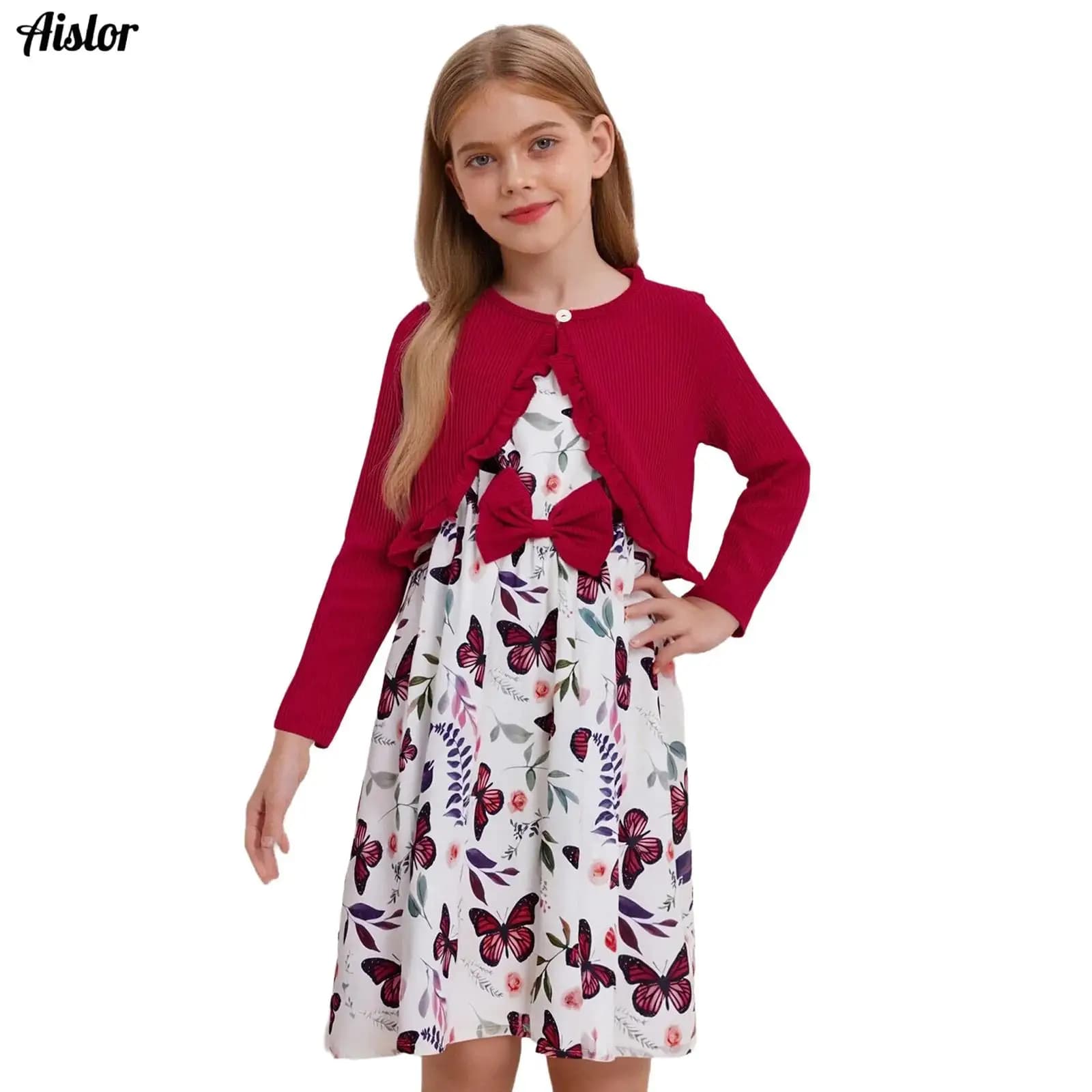 Abito casual da bambina in 2 pezzi, senza maniche, con fiocco, stampa farfalla, abito elastico in vita con cardigan a costine con volant a maniche lunghe