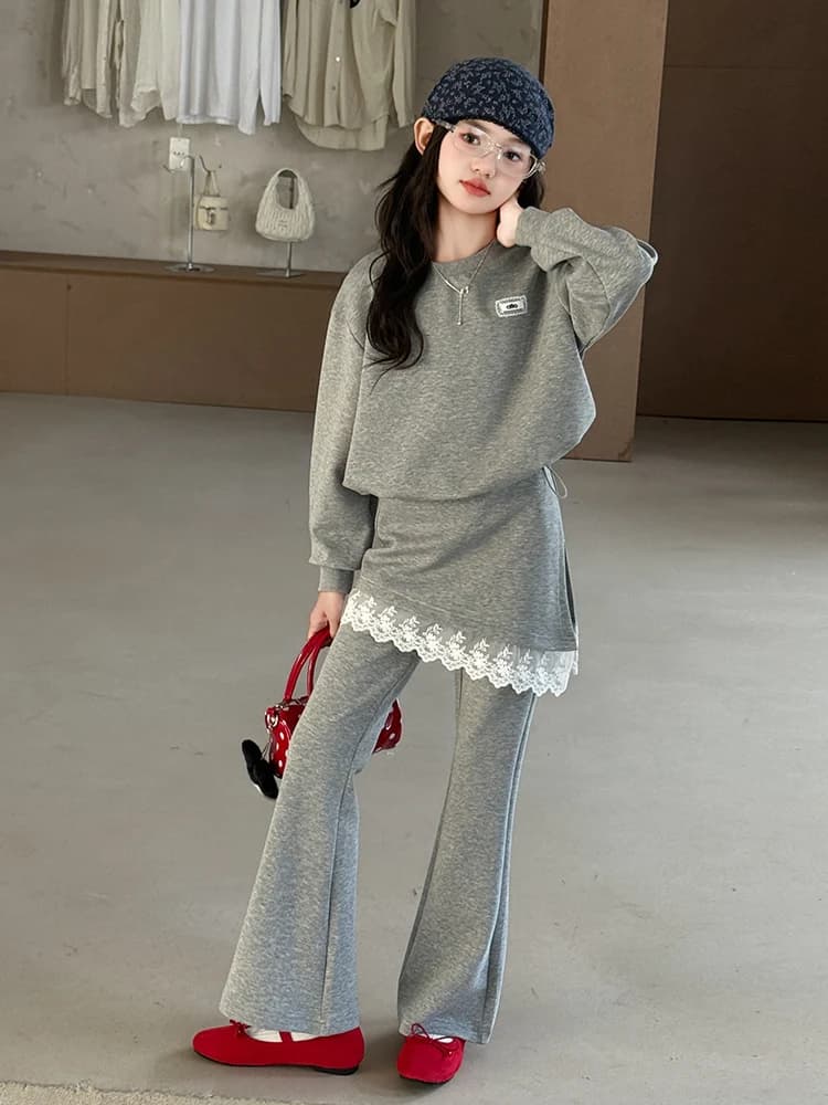 Girls' Autumn Sweatirt Set Lace Bell Bot Pants Two Piece Suite round Ne Long Sve Casual Sportswear for Teenagers