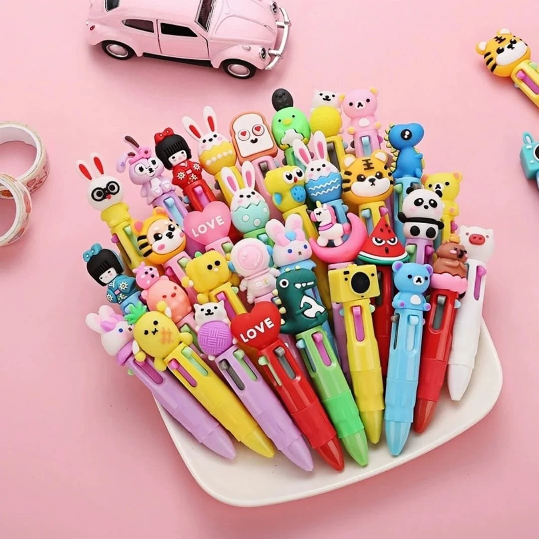 Set di 3/5/10/18 Penne a Sfera Mini Cartoon a 4 Colori, Strumento di Scrittura Creativo Multicolore per Quaderni