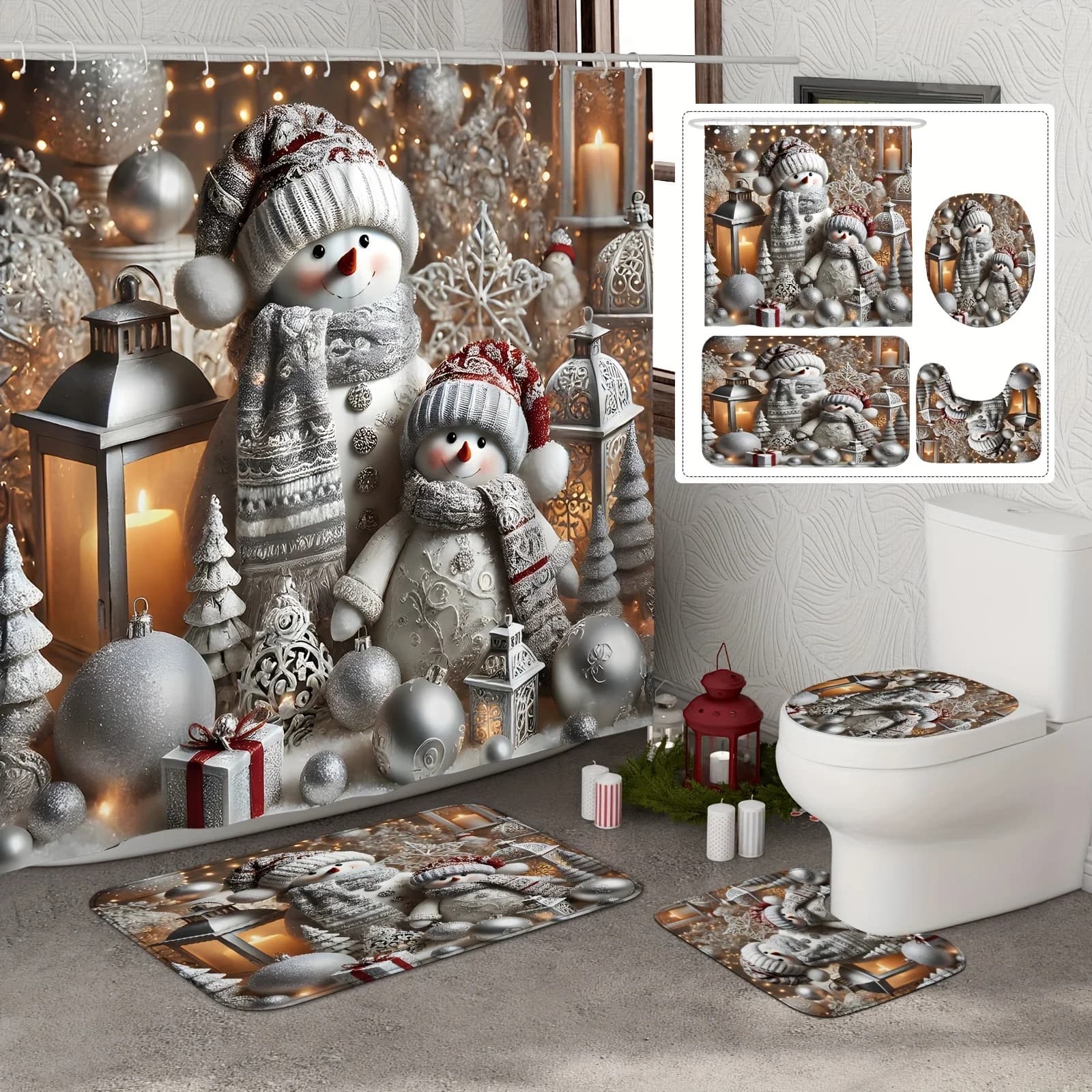 Set da bagno pupazzo di neve invernale natalizio da 4 pezzi, tenda da doccia e tappetino rosso bianco, 12 ganci, tappetino da bagno antiscivolo, copriwater a forma di U