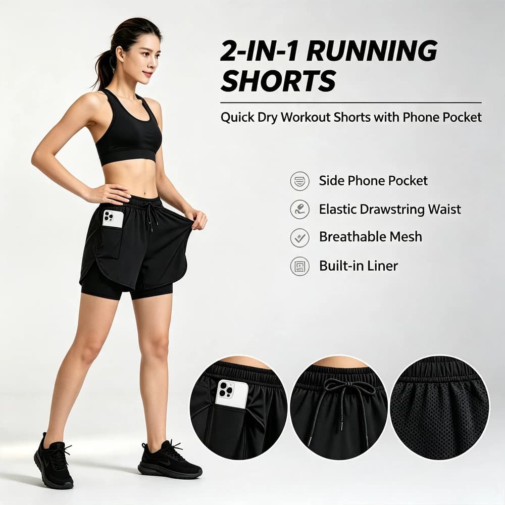 High-Waist 2-in-1 Running Shorts with Built-In Compression Liner & Pockets,Lightweight Quick-Dry Athletic Workout Gear for Women