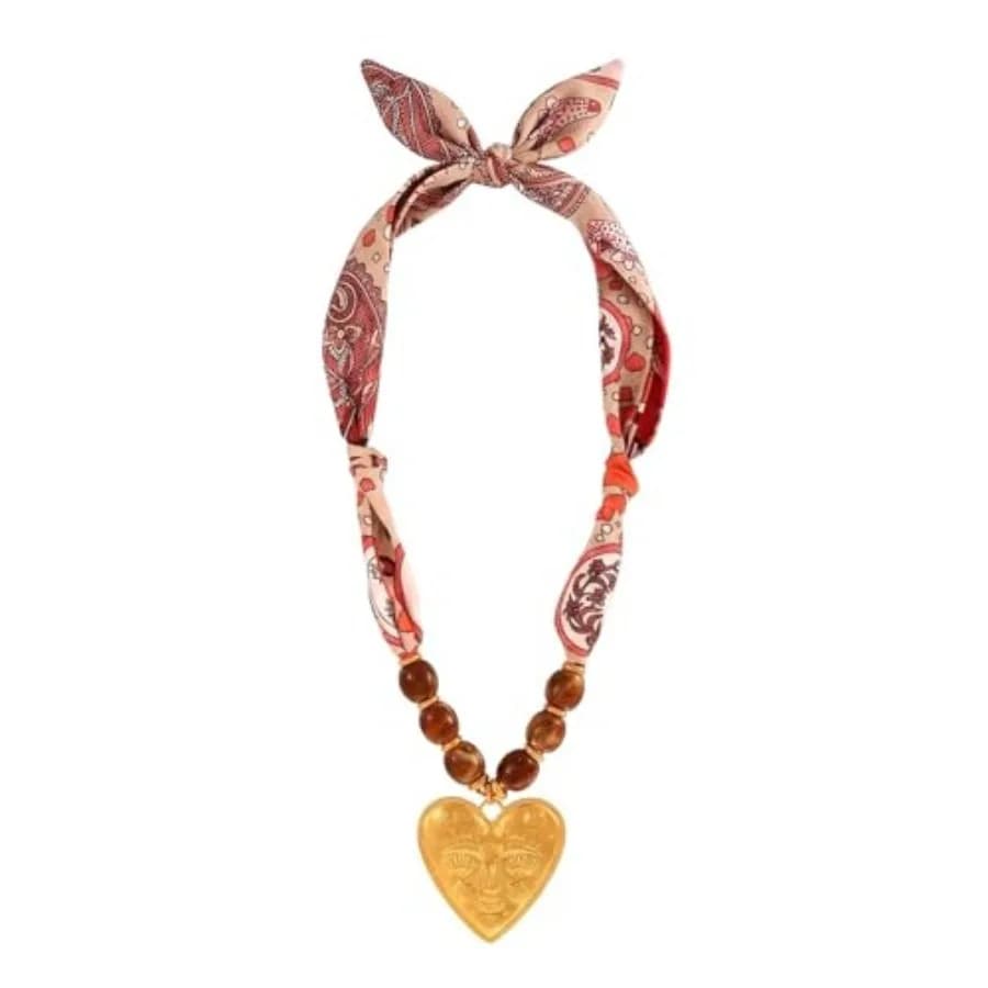 Boho Scarf Necklace with Large Heart Charm Resin Sun Pendant and Western Cross, Red Beaded Bandana Necklace for Women, Adjustab