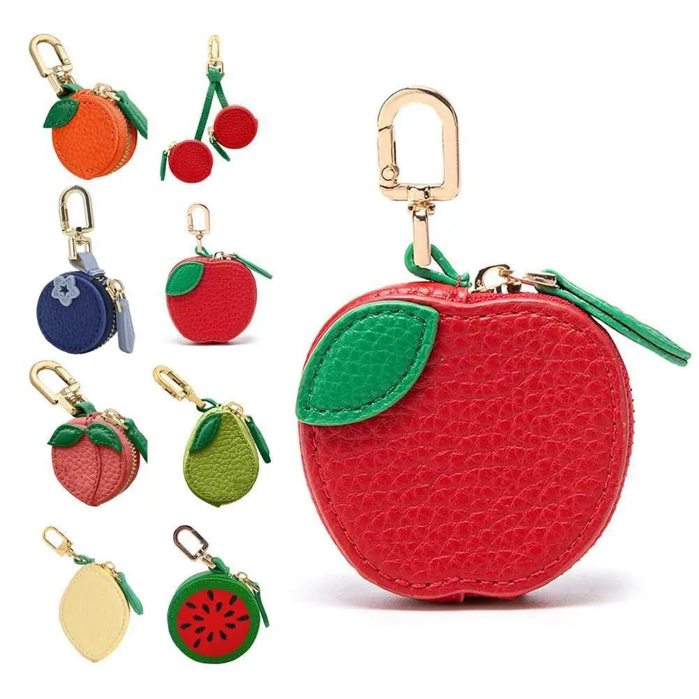Cute Fruit Shape Mini Coin Purse with Keychain, Portable Zipper Leather Earphone Bag Pendant Wallet for Women Girls