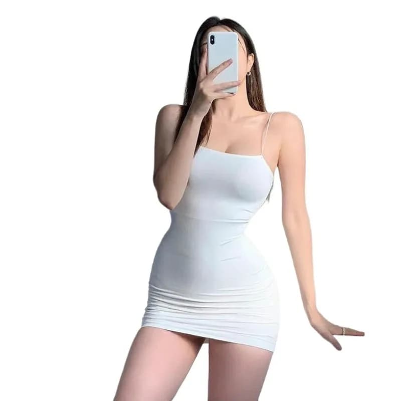 Mini Abito Sexy da Donna a Tinta Unita, Aderente, Bianco, con Spalline, Effetto Push-Up, Vestito Estivo Casual da Club per Ragazze Trendy