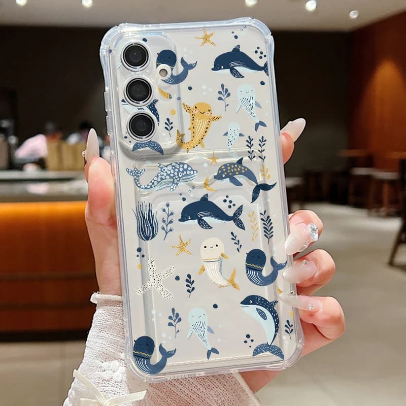 Custodia per telefono trasparente con stampa di piccole balene e delfini per Samsung Galaxy A57 A37 A17 A56 A16 A55 A36 A26 A15 A35 A54 con porta carte e funzione portafoglio