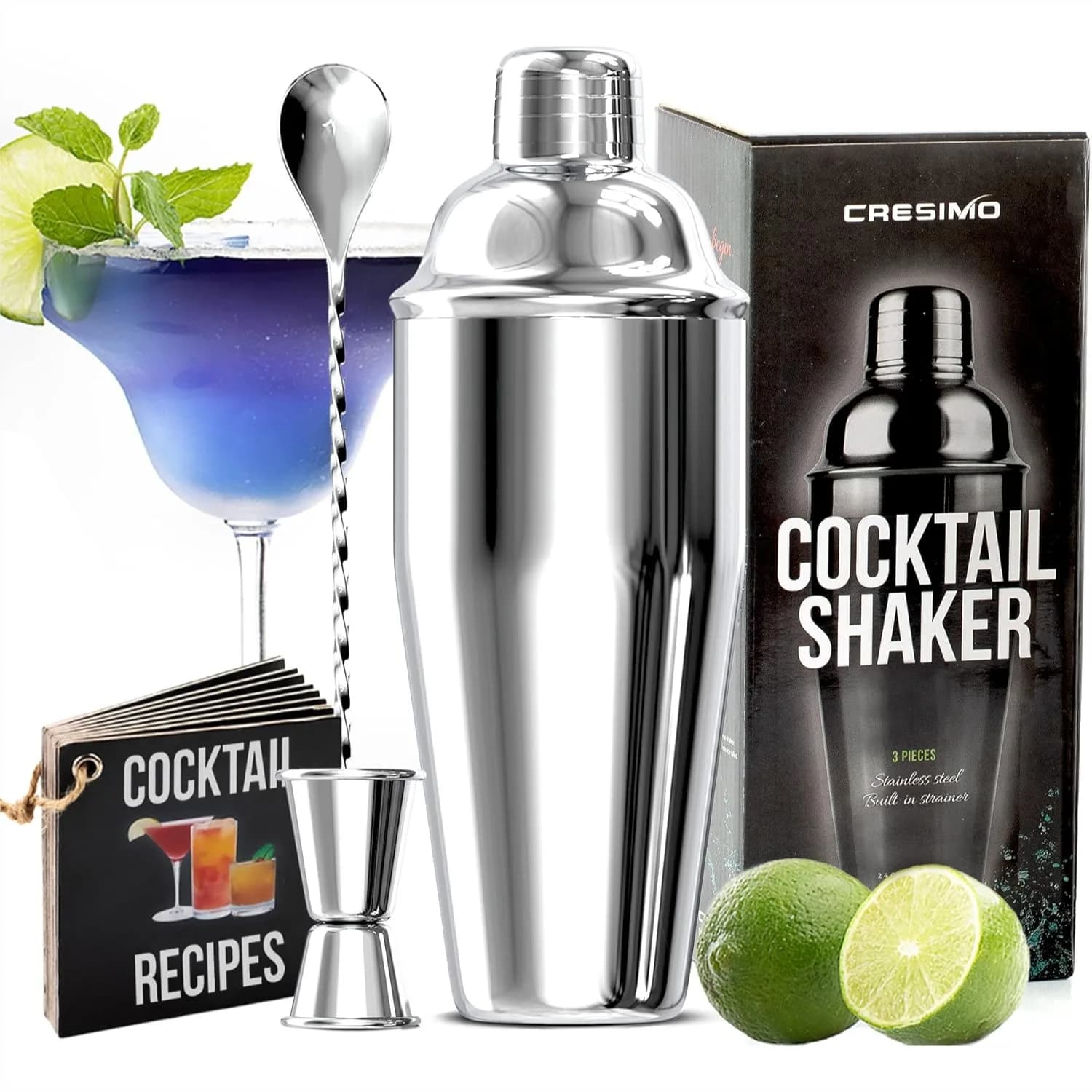 Set Shaker per Cocktail da 24oz con Jigger e Cucchiaio - Kit Essenziale per Barman Domestico, Regalo Perfetto