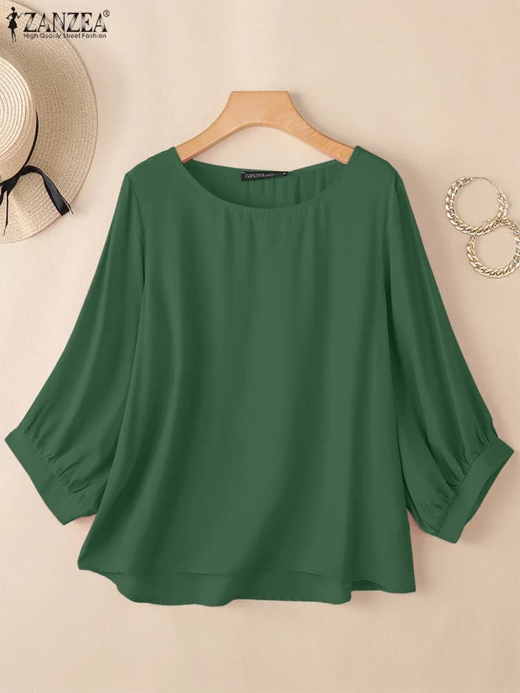 ZANZEA Elegant 3/4 Sleeve Work Shirt Women Autumn Blouse 2025 Woman Tops Casual Solid O Neck Loose Blusas Female Mujer Oversize