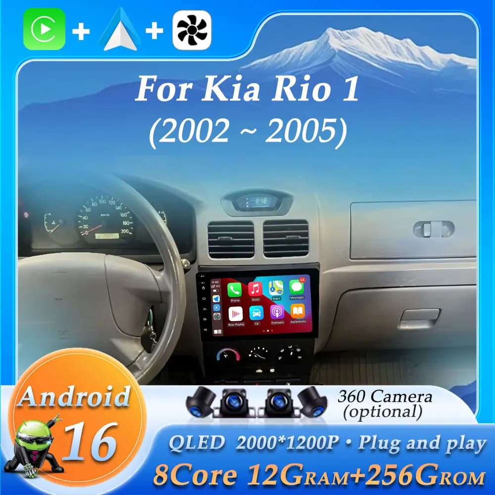 Android 16 Autoradio Wireless CarPlay Audio Lettore Multimediale per Kia Rio 1 2002 - 2005 Schermo Diviso GPS Navi DSP Stereo WiFi 4G