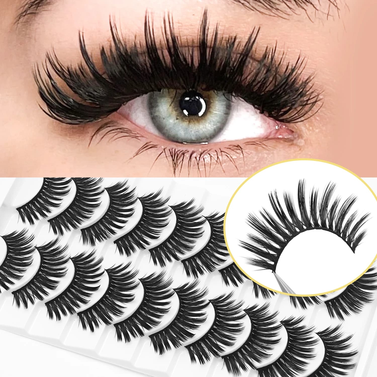 10 paia di ciglia finte in visone sintetico - dall'aspetto soffice, esagerato e naturale, ciglia ultra spesse con curvatura a C, ciglia 3D effetto occhi di gatto fatte a mano da 10-15 mm, adatte a varie occasioni
