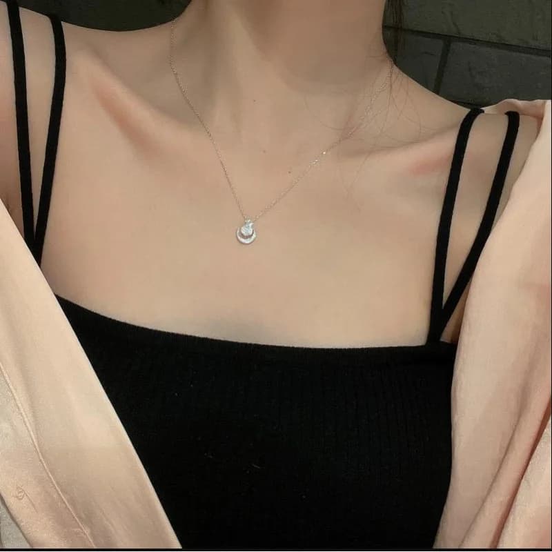 Open Crescent Moon Solitaire Round CZ Star Overlay Pendant Necklace Dainty Minimal Night Sky Jewelry For Women