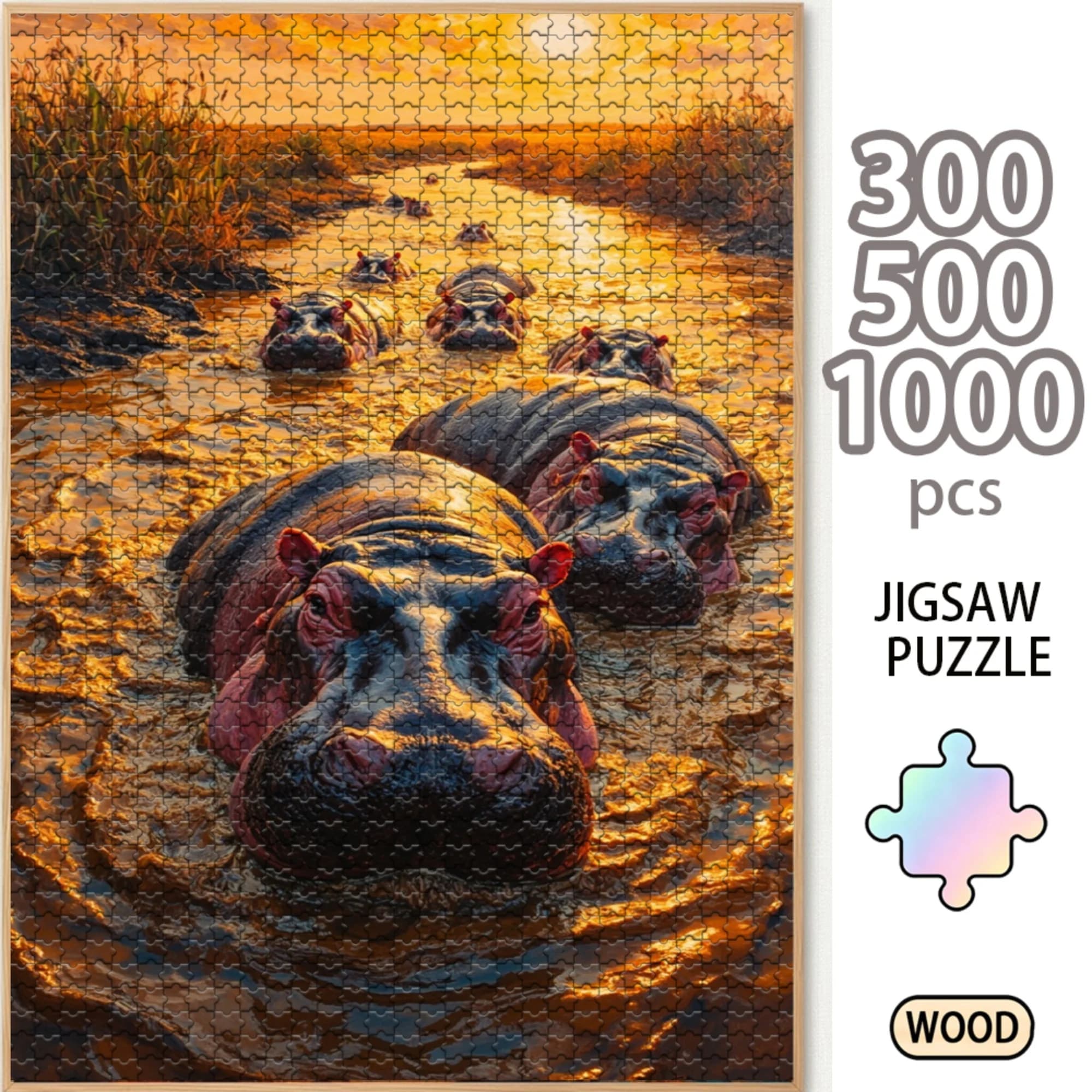 Wild Hippo Herd 300/500/1000 Piece Wooden Jigsaw Puzzle for Adults, Wood Puzzle Game, Brain Teaser Family Board Game, Home Entertainment Gift