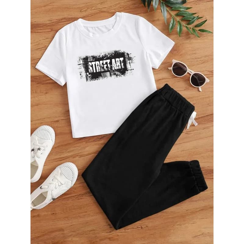 IURNXB 2 pezzi Set di vestiti per bambini Completi per bambini Top a maniche corte + Pantaloni Bambine STREET Art Abbigliamento da gioco per bambini Abiti casual 1-6 anni