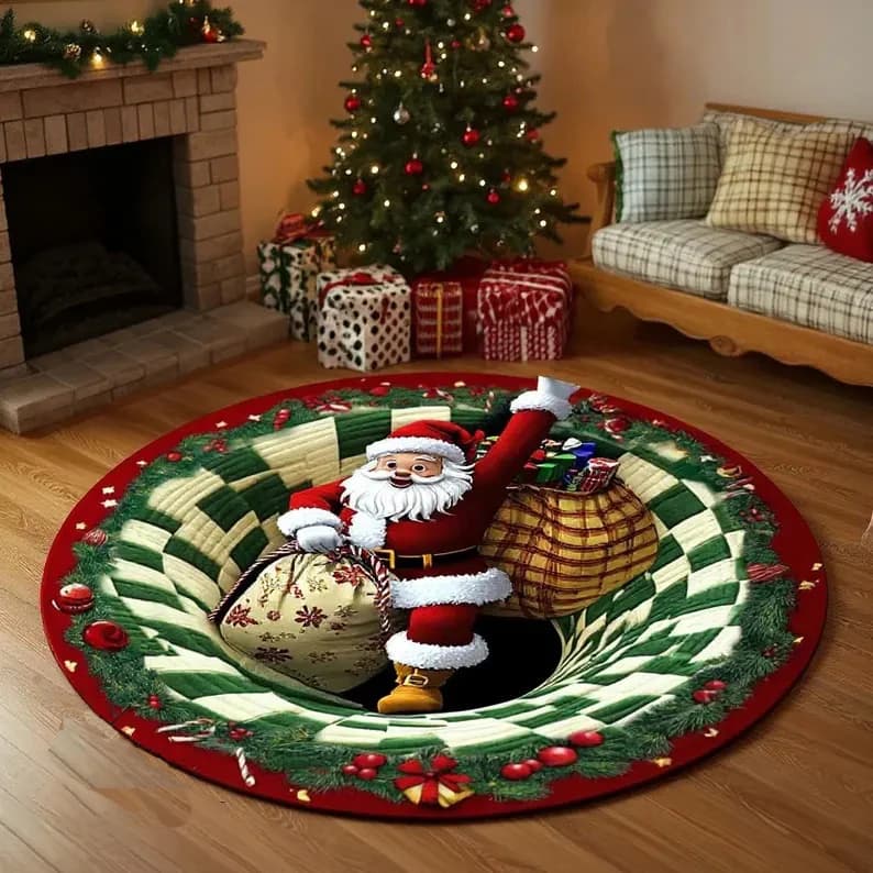 Tappeto di buon Natale 3D Tappeto natalizio rotondo Tappeto con motivo natalizio dorato Tappeto da pavimento festivo nero Tappeto di design con canna di zucchero