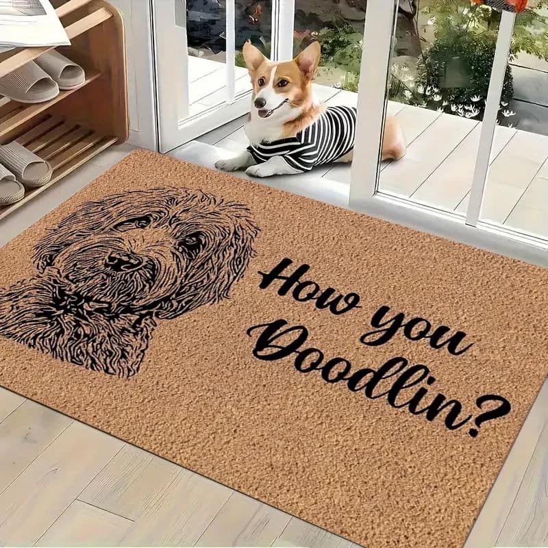 1pc How You Doodlin? Dog Print Welcome Mat - Non-Slip Flannel Indoor Entrance with Cute Puppy, Soft Adhesive Suitable for Home Decor, Door Mat, Easy Clean