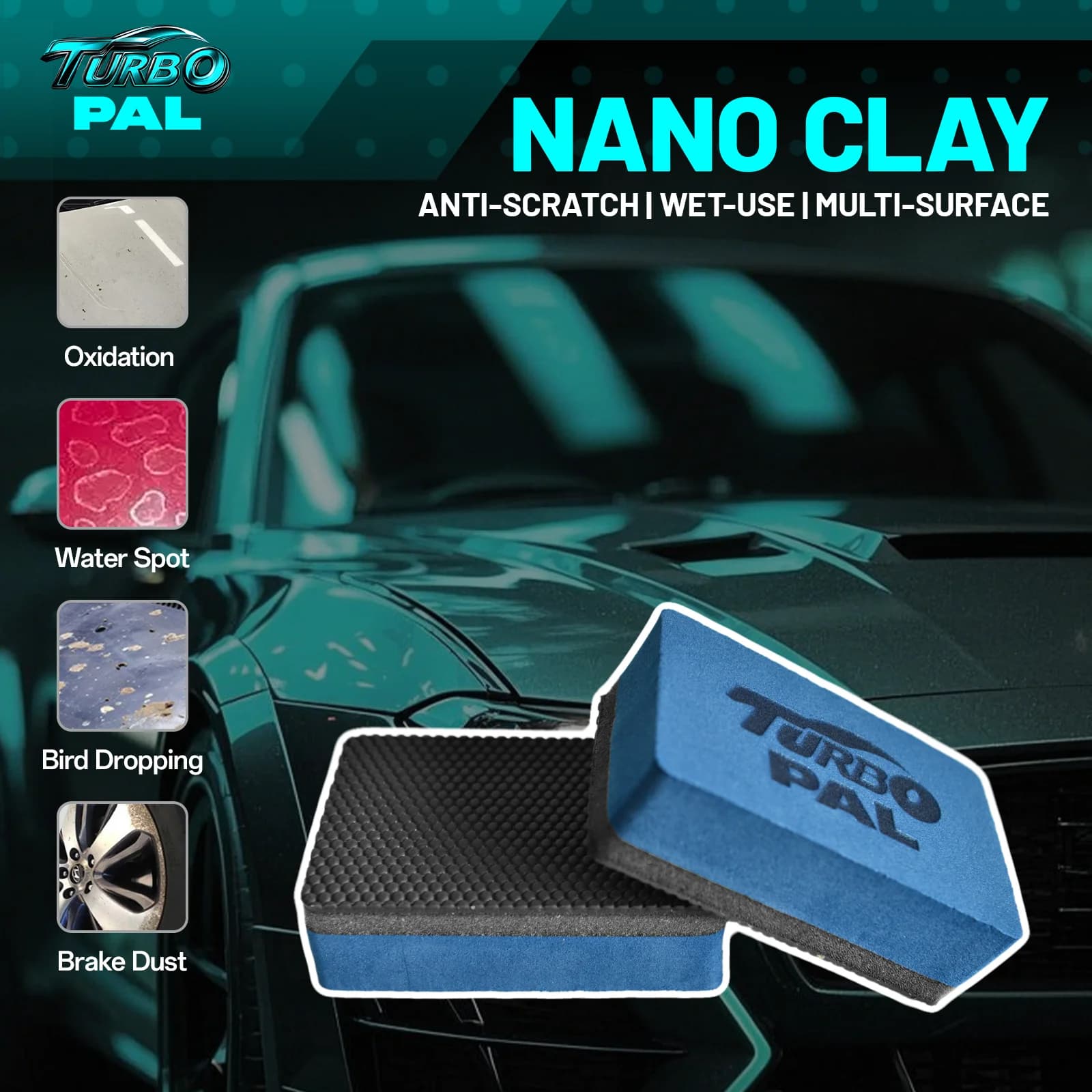 TURBOPAL 2pcs 3-Layer Professional Clay Sponge, Nano Clay Matrix for Scratch-Safe Car Contaminant Removal, Multi-Surface Use