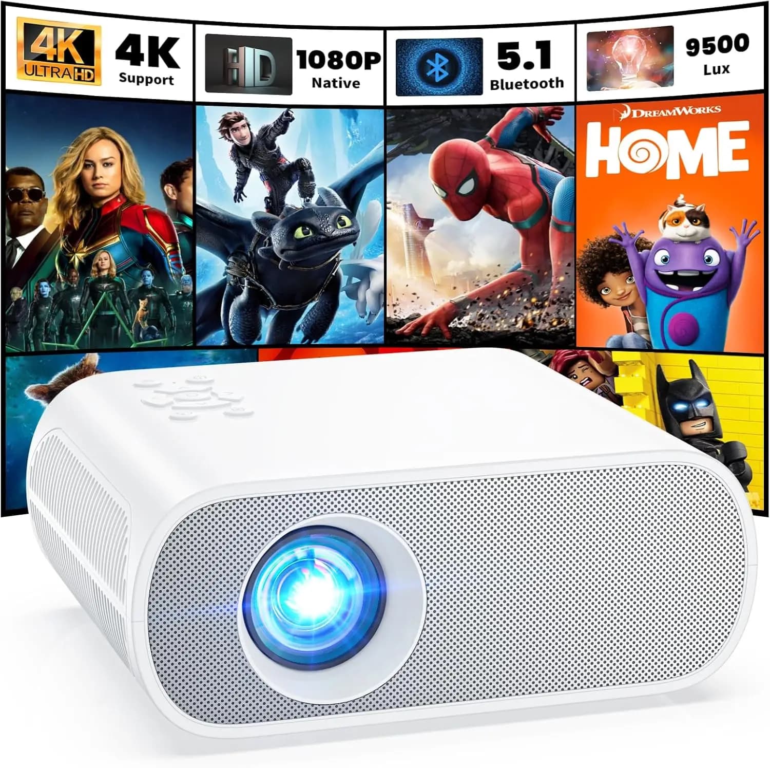 Proiettore, Proiettore Bluetooth Full HD nativo 1080P con altoparlante, Mini proiettore cinematografico portatile da esterno da 9500 lumen compatibile