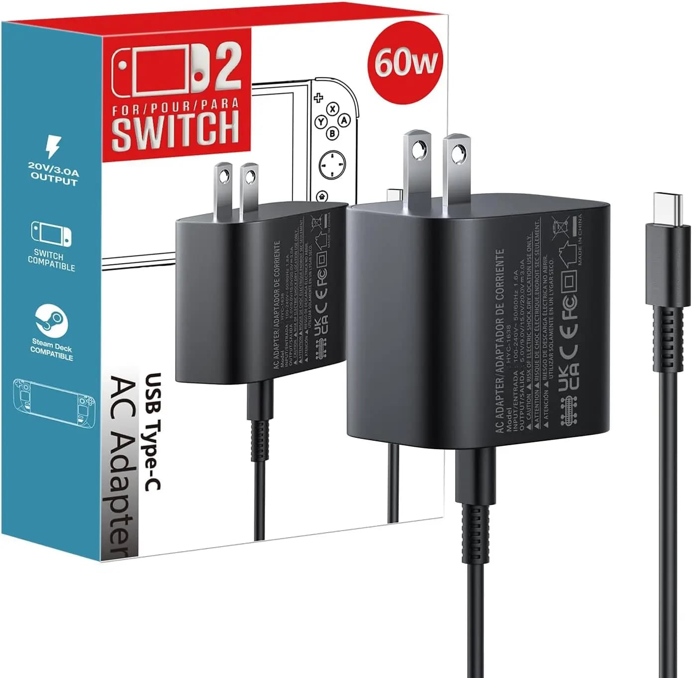 Cavo di Ricarica per Adattatore Switch 2, Caricatore USB-C 60W, Cavo di Ricambio per Adattatore AC, Accessori per Controller PS5, Supporto per Dock TV