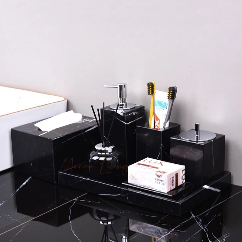 Accessori da bagno in marmo naturale Marquina nera Set da bagno di lusso Nero Margiua Dispenser di sapone Tazza Tazza Scatola di fazzoletti Set da bagno