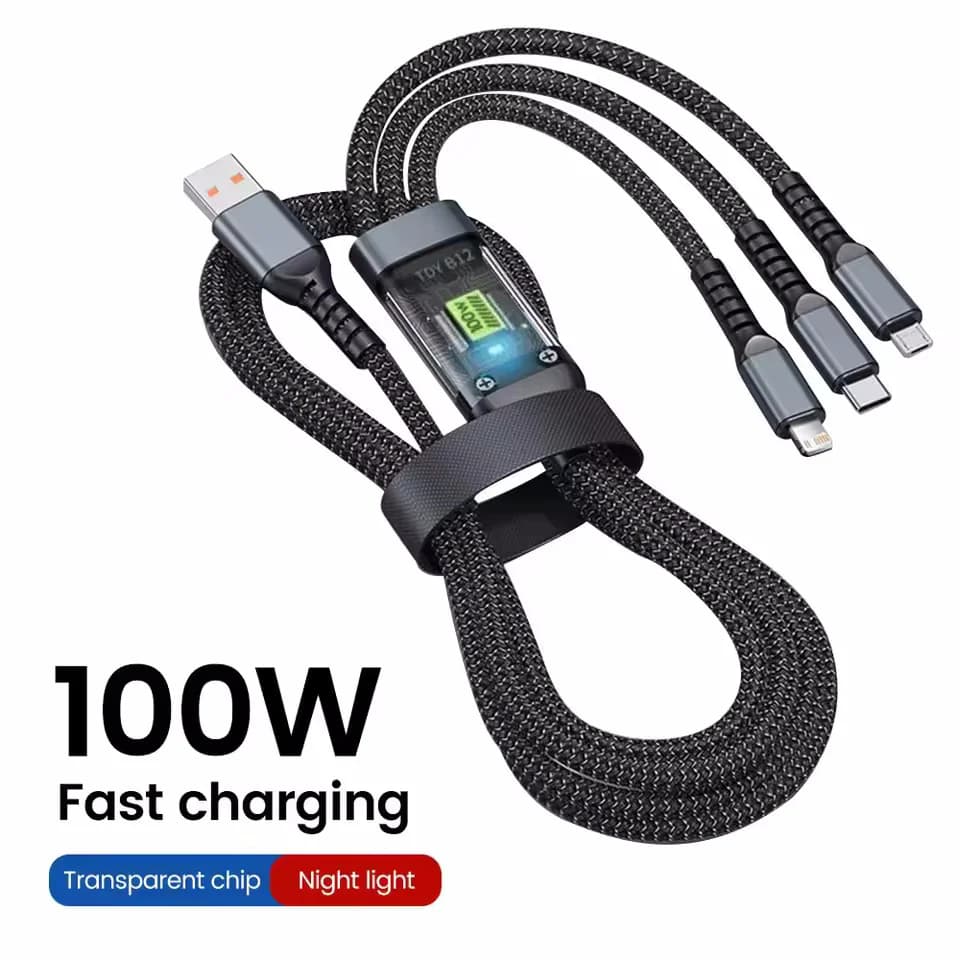 Lampada pilota trasparente 3 in 1 da 100 W Cavo di ricarica super veloce 6A universale con micro USB di tipo C per Iphone Xiaomi Samsung Huawei