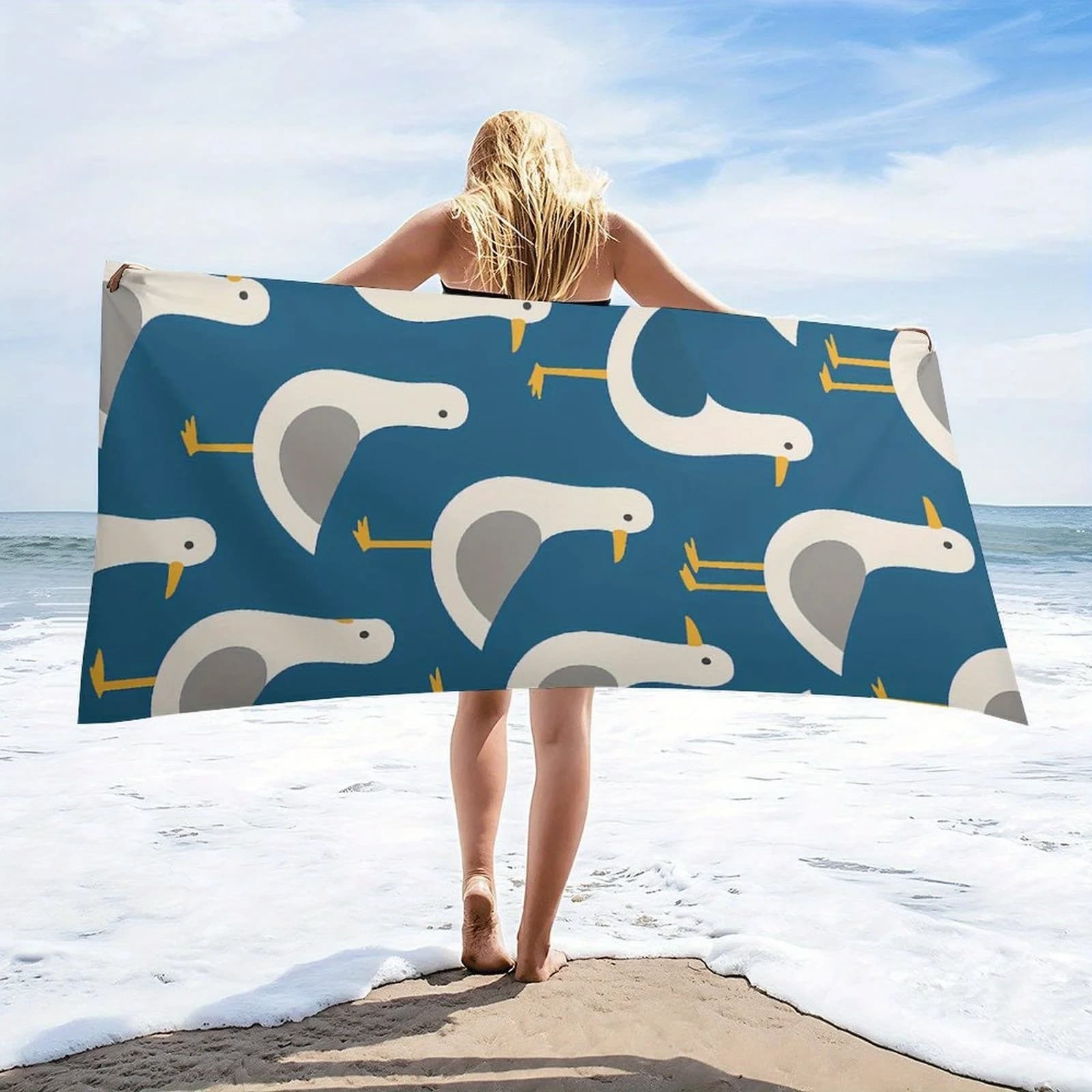 Telo Mare Blu con Stampa Gabbiano, Design Fresco e Cartoonesco per Yoga, Immersioni, Viaggi Estivi, Vacanze al Mare, Decorazione Bagno, Regalo