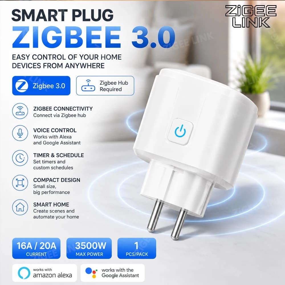 Intelligent socket Tuya Zigbee EU 16A/20A with Consumption Monitoring, Timer and Vocal Control, Compatible with Alexa, Google Home and Alice