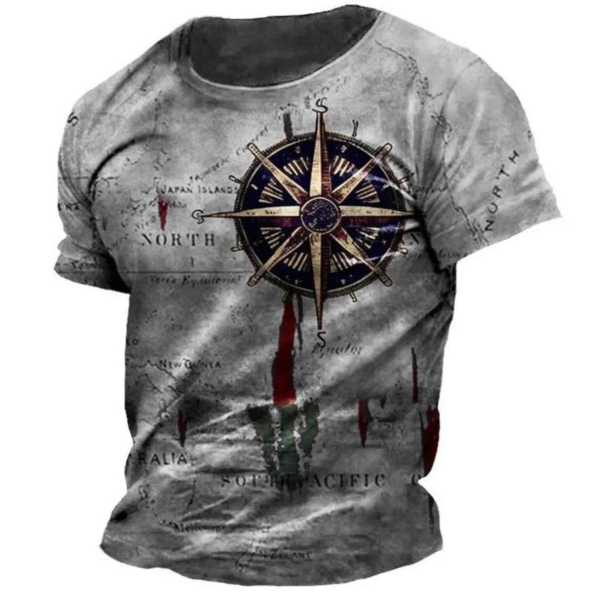 Fashionable new men's summer sailing compass boat anchor print soft and breathable round neck T-shirt outdoor urban casual top