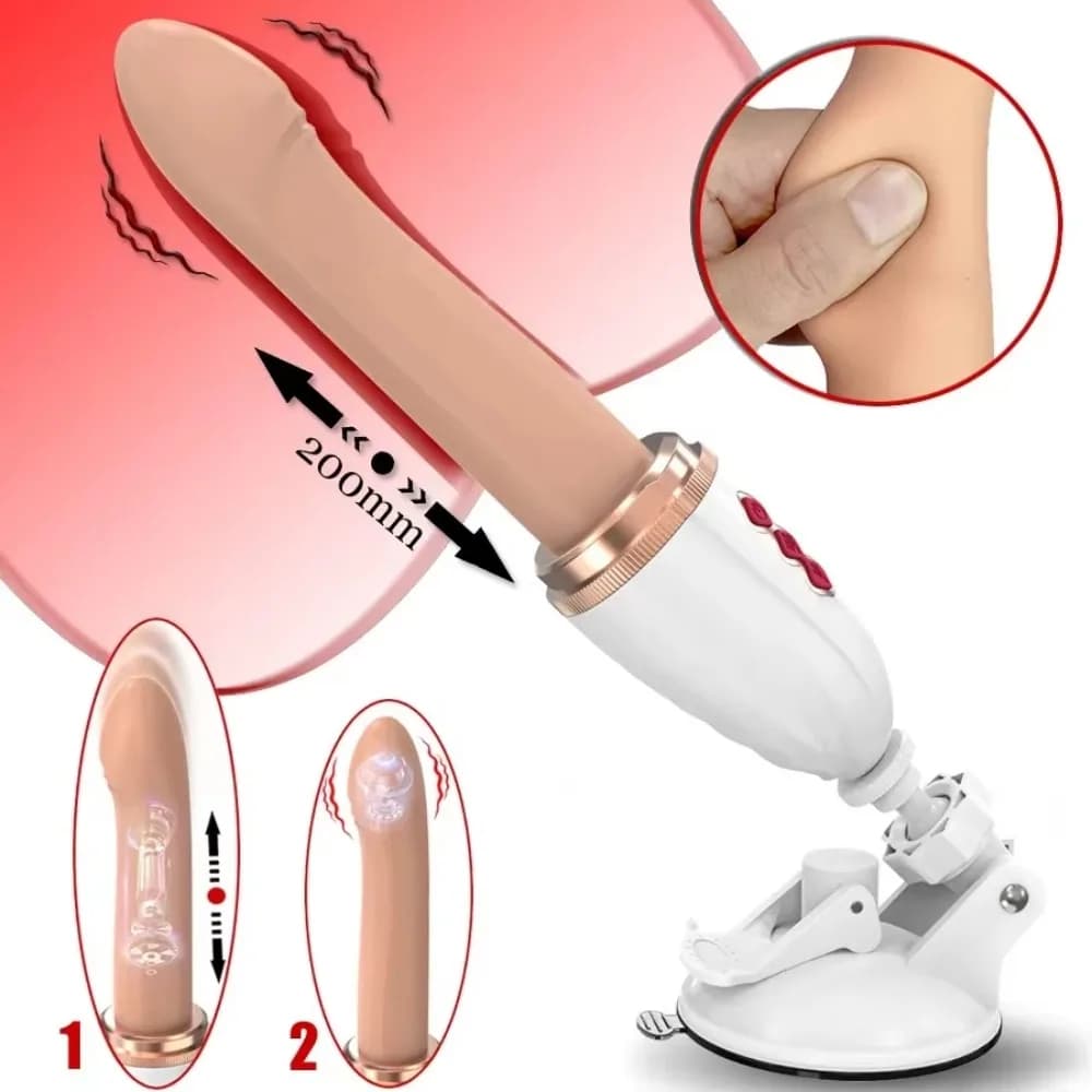 Macchina del sesso con riscaldamento telescopico con vibratore automatico con impugnatura e ventosa per le donne Giocattolo del sesso inseribile