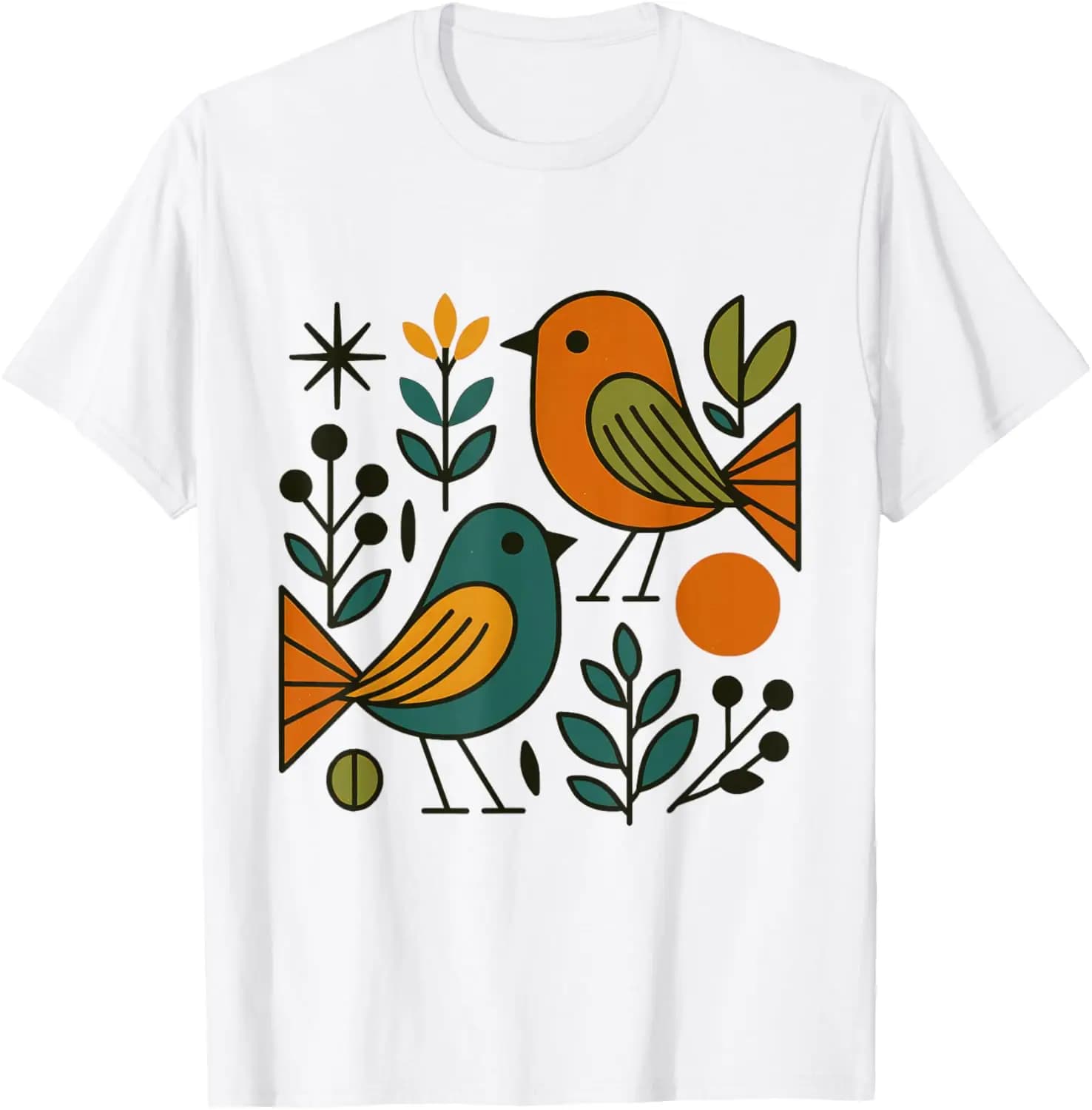 'Free Delivery' Vintage Mid Century Birds Modern Graphic Illustration Design T-Shirt Unique Prints, Comfortable, Soft, Breathable, Holiday Gift, Personalized, Creative Round Neck, Cute, Funny, Women's and Men's